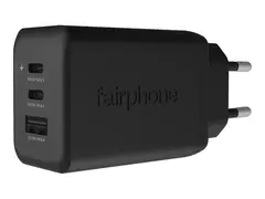 Fairphone - Strømadapter - 65 watt - PD 3.0, PD/PPS 3.3, PE 2.0+, QC 2.0, QC 3.0, QC 4.0+, Apple Fast Charge, Huawei Fast Charge, SCP, FC 3 utgangskontakter (USB, 2 x USB-C) - svart - Europa