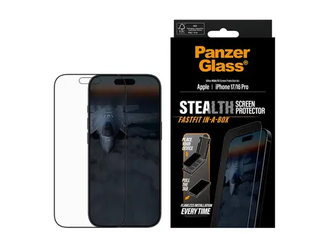 PanzerGlass Stealth - Skjermbeskyttelse for mobiltelefon ultra-bred passform med FASTFIT IN-A-BOX - glass - rammefarge svart - for Apple iPhone 16 Pro, 17