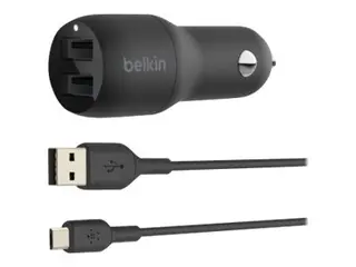 Belkin BoostCharge Dual Charger - Bilstrømadapter 24 watt - 4.8 A - 2 utgangskontakter (USB) - på kabel: USB-C - svart