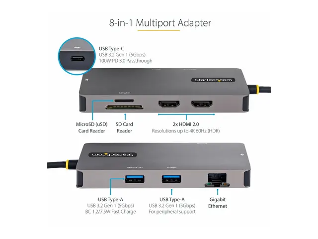 StarTech.com USB C Multiport Adapter, Dual HDMI Video, 4K 60Hz, 2-...