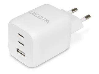 DICOTA - Strømadapter - kompakt, GaN - 65 watt 5 A - PD 3.0 - 3 utgangskontakter (2 x USB-C, USB) - hvit - Europa