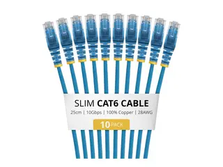 Startech - Koblingskabel - RJ-45 (hann) til RJ-45 (hann) 25 cm - 3.6 mm - UTP - CAT 6 - IEEE 802.3bt Type 4 - halogenfri, 100W PoE support, uten hindringer, flertrådet, slank, formstøpt - blå (en pakke 10)