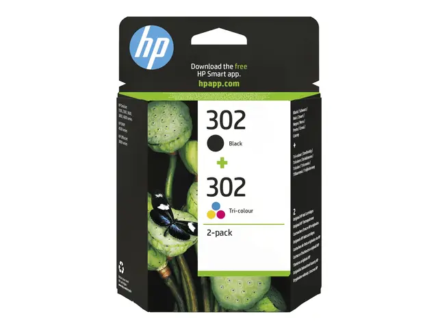 HP 302 - 2-pack svart, farge (cyan, magenta, gul) original blekkpa...
