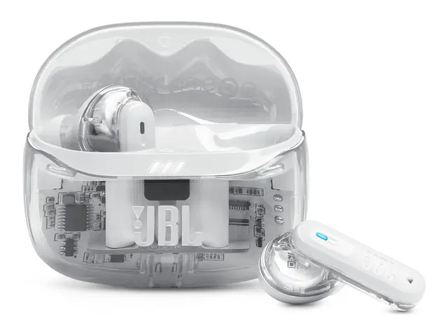 JBL TUNE Beam 2 - Ghost Edition - True wireless-hodetelefoner med mikrofon i øret - Bluetooth - aktiv støydemping - spøkelseshvit 