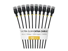 Startech - Koblingskabel - RJ-45 (hann) til RJ-45 (hann) 30 cm - 3.7 mm - UTP - CAT 6a - ultra-slim, uten hindringer, flertrådet, formstøpt - svart (en pakke 10)