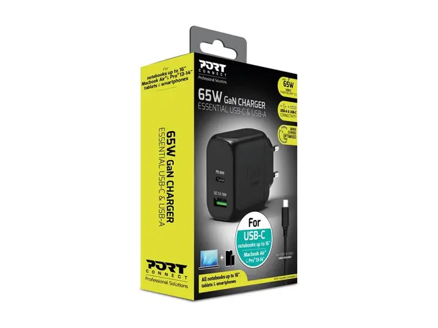 PORT Connect - Strømadapter - GaN - 65 watt - 3.25 A - PD, QC 3.0 ...