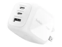 Belkin BoostCharge Pro - Strømadapter - GaN 70 watt - PD 3.1/PPS - 3 utgangskontakter (2 x USB-C, USB) - hvit