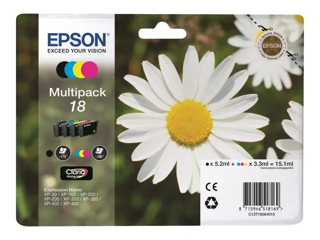 Epson 18 Multipack - 4-pack - 15.1 ml svart, gul, cyan, magenta - original - blære med RF/lyd-alarm - blekkpatron - for Expression Home XP-212, 215, 225, 312, 315, 322, 325, 412, 415, 422, 425 