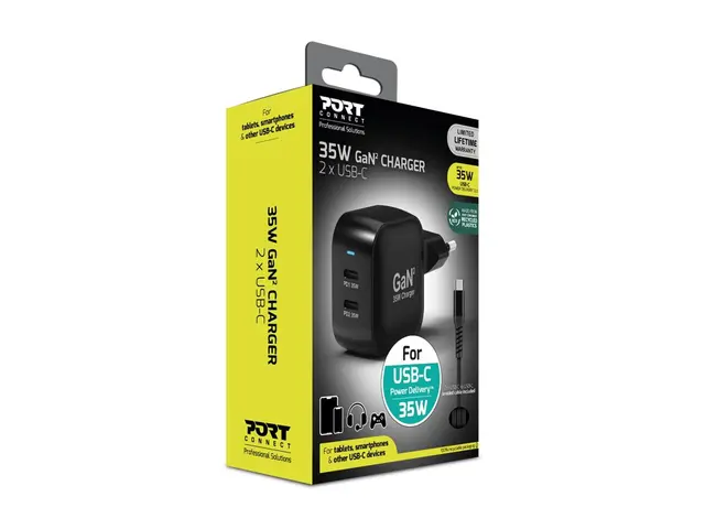 PORT Connect - Strømadapter - GaN II - 35 watt - 3 A - PD 3.0 - 2 ...