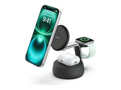 Belkin UltraCharge Pro - Tr&#229;dl&#248;st ladestativ 3-i-1, Qi2 + AC-str&#248;madapter - 25 watt - Fast Charge - koksgr&#229;