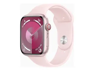 Apple Watch Series 9 (GPS + Cellular) 45 mm - rosa aluminium - smartklokke med sportsbånd - fluorelastomer - lys rosa - båndbredde: M/L - 64 GB - Wi-Fi, Bluetooth, UWB, LTE - 4G - 39 g
