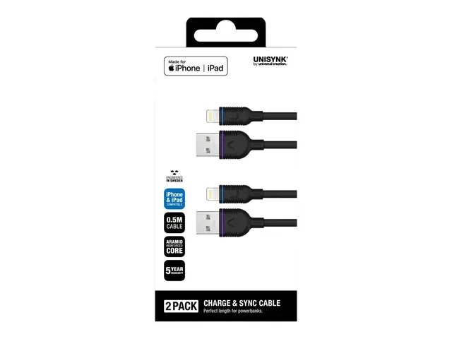 Unisynk - Lightning-kabel Lightning hann til USB 50 cm (en pakke 2)