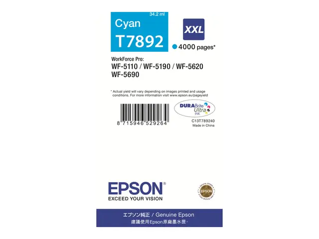 Epson T7892 - 34.2 ml - XXL-størrelse - cyan - original - blekkpat...