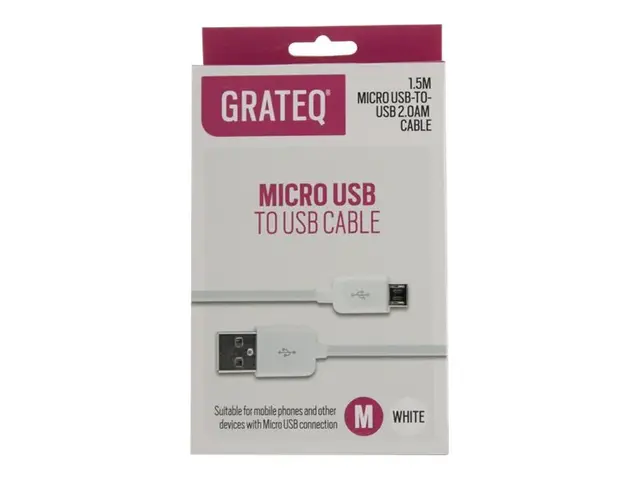 GRATEQ 85020 - USB-kabel - Micro-USB type B (hann) til USB (hann) USB 2.0 - AC 100-240/ DC 12-14 V - 1.5 m - hvit 