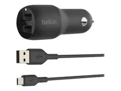 Belkin BoostCharge Dual Charger Bilstrømadapter - 24 watt - 4.8 A - 2 utgangskontakter (USB) - på kabel: USB-C - svart