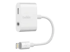 Belkin 3.5 mm Audio + Charge RockStar - Belysning til hodetelefonsjakk / ladeadapter Lightning hann til 4-polsminijakk, Lightning hunn - hvit