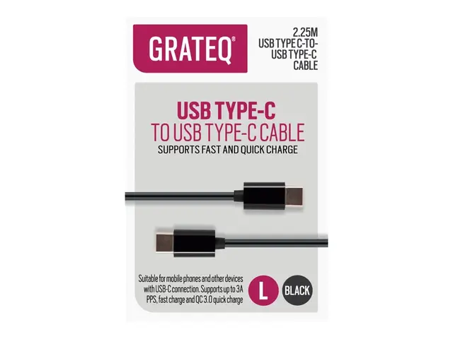 GRATEQ - USB-kabel - 24 pin USB-C (hann) til 24 pin USB-C (hann) 3 A - 2.25 m - svart 