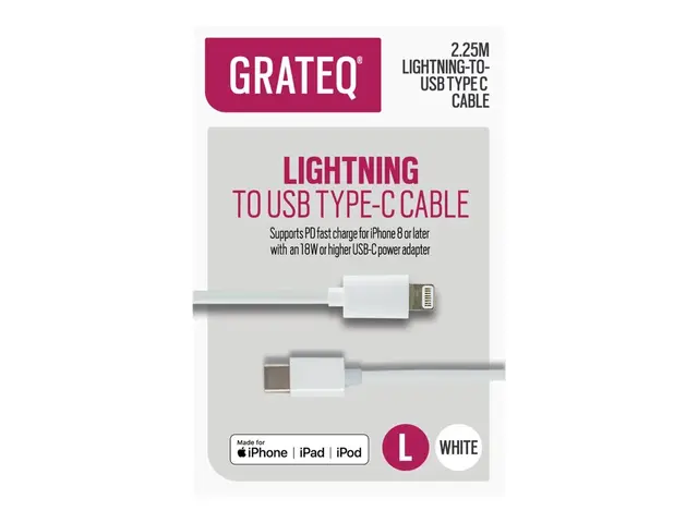 GRATEQ - Lightning-kabel - Lightning hann til 24 pin USB-C hann 2.25 m - hvit - USB Power Delivery (18 W) 