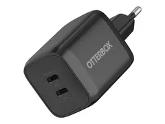 OtterBox Standard - Strømadapter 65 watt - 3 A - Fast Charge, PD/PPS - 2 utgangskontakter (24 pin USB-C) - svart - Eureopa (uten UK)