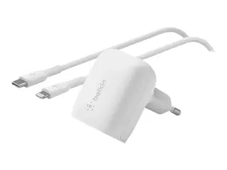 Belkin BoostCharge - Strømadapter 20 watt - Fast Charge, Power Delivery 3.1 (24 pin USB-C) - på kabel: Lightning - hvit