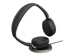 Jabra Evolve2 65 Flex MS Stereo Hodesett - on-ear - Bluetooth - trådløs - aktiv støydemping - USB-A - svart - med trådløs ladepute - Certified for Microsoft Teams