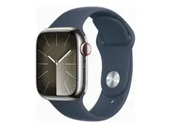 Apple Watch Series 9 (GPS + Cellular) - 41 mm sølv rustfritt stål - smartklokke med sportsbånd - fluorelastomer - stormblå - båndbredde: S/M - 64 GB - Wi-Fi, LTE, UWB, Bluetooth - 4G - 42.3 g