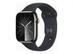 Apple Watch Series 9 (GPS + Cellular) - 45 mm rustfritt grafittstål - smartklokke med sportsbånd - fluorelastomer - midnatt - båndbredde: S/M - 64 GB - Wi-Fi, LTE, UWB, Bluetooth - 4G - 51.5 g