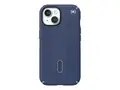 Speck Presidio 2 Grip - Baksidedeksel for mobiltelefon med klikkl&#229;s - MagSafe-samsvar - plastikk - hvit, st&#248;vgr&#229;, kystbl&#229; - for Apple iPhone 15