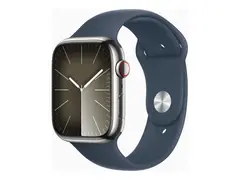 Apple Watch Series 9 (GPS + Cellular) - 45 mm sølv rustfritt stål - smartklokke med sportsbånd - fluorelastomer - stormblå - båndbredde: S/M - 64 GB - Wi-Fi, LTE, UWB, Bluetooth - 4G - 51.5 g