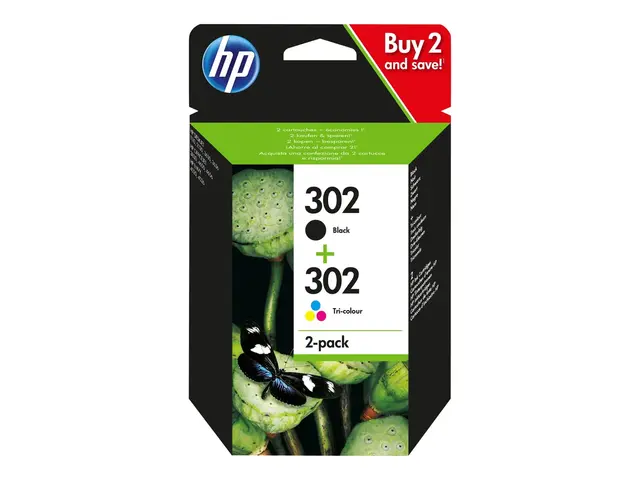HP 302 - 2-pack svart, farge (cyan, magenta, gul) original blekkpa...