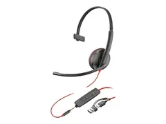 Poly Blackwire 3215 - Blackwire 3200 Series hodesett - on-ear - kablet - 3,5 mm jakk, USB-C - svart - Certified for Skype for Business, Avaya Certified, Cisco Jabber Certified, UC-sertifisert