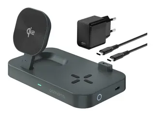 4smarts Trident - Trådløst ladestativ - Qi2 + AC-strømadapter 25 watt - 1 A - 2 utgangskontakter (24 pin USB-C) - grå
