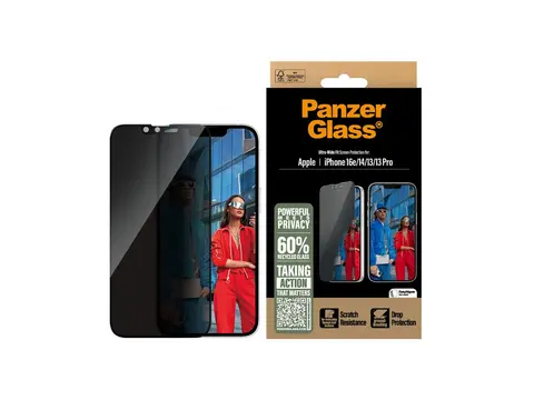 PanzerGlass - Skjermbeskyttelse for mobiltelefon ultravid passform med EasyAligner - glass - med personvernsfilter - for Apple iPhone 13, 13 Pro, 14, 16e, 17e
