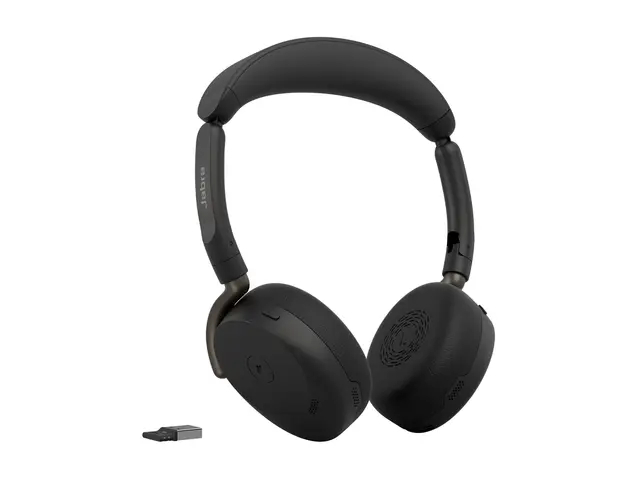 Jabra Evolve3 65 Flex MS - Hodesett - on-ear Bluetooth - trådløs, kablet - aktiv støydemping - USB-A via Bluetooth-adapter, USB-C - svart - Certified for Microsoft Teams, Zoom Certified, Works With Google Meet, MFi Certified 