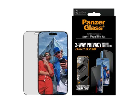 PanzerGlass - Skjermbeskyttelse for mobiltelefon ultra-wide fit with FASTFIT IN-A-BOX - glass - med personvernsfilter - 2-veis - rammefarge svart - for Apple iPhone 17 Pro Max