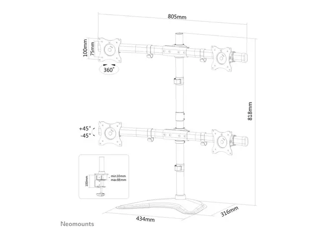 Neomounts NM-D335D4 - Stativ full bevegelse for 4 LCD-skjermer sva...