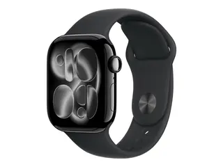 Apple Watch Series 11 (GPS) - 42 mm jet svart aluminium - smartklokke med sportsb&#229;nd - fluorelastomer - svart - b&#229;ndbredde: M/L - 64 GB - Wi-Fi 4, UWB, Bluetooth - 30.3 g