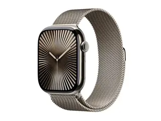 Apple Watch Series 10 (GPS + Cellular) - 46 mm naturlig titan - smartklokke med fint strikket l&#248;kke - nett av rustfritt st&#229;l - naturlig - b&#229;ndbredde: M/L - 64 GB - LTE, Wi-Fi 4, UWB, Bluetooth - 4G - 41.7 g
