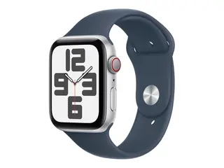 Apple Watch SE (GPS + Cellular) 2. generasjon - 44 mm - s&#248;lvaluminium - smartklokke med sportsb&#229;nd - fluorelastomer - stormbl&#229; - b&#229;ndbredde: S/M - 32 GB - LTE, Wi-Fi, Bluetooth - 4G - 33 g
