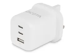 DICOTA - Strømadapter - kompakt, GaN - 65 watt 5 A - PD 3.0 - 3 utgangskontakter (2 x USB-C, USB) - hvit - Storbritannia