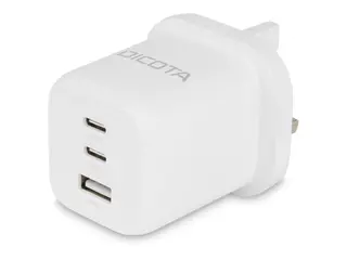 DICOTA - Strømadapter - kompakt, GaN - 65 watt 5 A - PD 3.0 - 3 utgangskontakter (2 x USB-C, USB) - hvit - Storbritannia