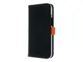 Insmat Exclusive - Lommebok for mobiltelefon ekte skinn, polykarbonat, kartong+papir+aluminiumsfolie, bomullssting - svart / oransje - for Apple iPhone 15 Plus