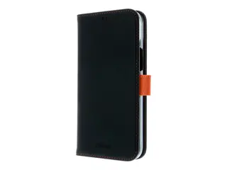 Insmat Exclusive - Lommebok for mobiltelefon ekte skinn, polykarbonat, kartong+papir+aluminiumsfolie, bomullssting - svart / oransje - for Apple iPhone 15 Plus
