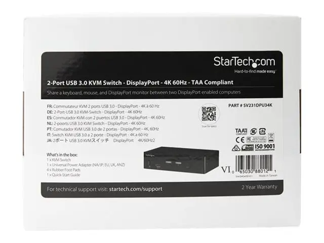 StarTech.com 2 Port DisplayPort KVM Switch, 4K 60Hz, Single Displa...