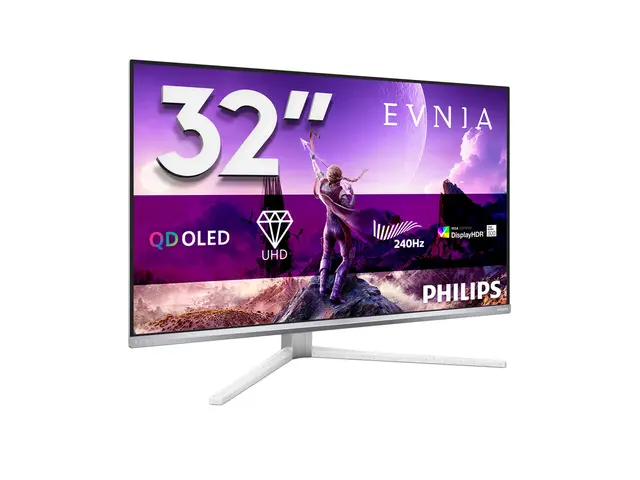 Philips Evnia 8000 32M2N8900P - OLED-skjerm gaming - USB - 32" (31.5" synlig) - 3840 x 2160 4K UHD (2160p) @ 240 Hz - 1500000:1 - DisplayHDR 500 True Black - 2xHDMI, DisplayPort, USB-C - høyttalere - hvit 