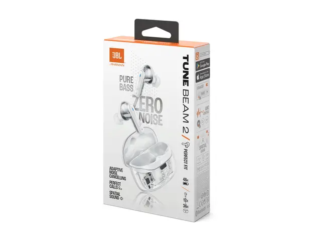 JBL TUNE Beam 2 - Ghost Edition - True wireless-hodetelefoner med mikrofon i øret - Bluetooth - aktiv støydemping - spøkelseshvit 