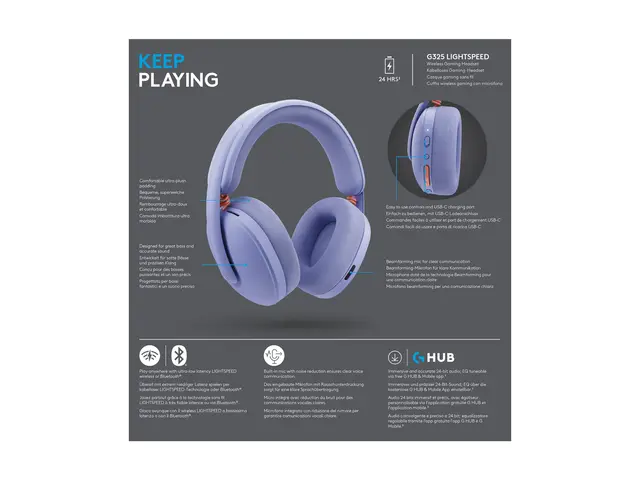 Logitech G G325 - Hodesett - full størrelse Bluetooth / LIGHTSPEED - trådløs - USB-C via Bluetooth-adapter - lilla 