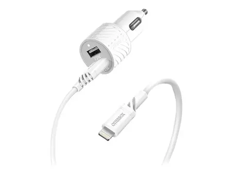 OtterBox Standard - Bilstr&#248;madapter 12 watt - 2.4 A - USB BC 1.2 - 2 utgangskontakter (2 x USB) - p&#229; kabel: Lightning - skyst&#248;vhvit