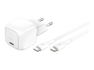 Belkin BoostCharge - Strømadapter - kompakt 30 watt - Power Delivery 3.1 (USB-C) - på kabel: USB-C - med USB-C-kabel (1m)
