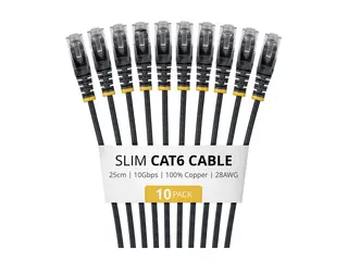 Startech - Koblingskabel - RJ-45 (hann) til RJ-45 (hann) 25 cm - 3.6 mm - UTP - CAT 6 - IEEE 802.3bt Type 4 - halogenfri, 100W PoE support, uten hindringer, flertrådet, slank, formstøpt - svart (en pakke 10)